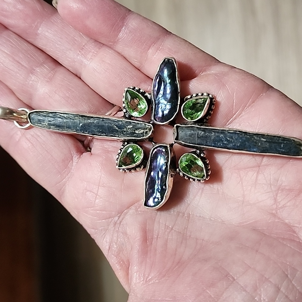 Artisan Cross Pendant with KYANITE, PERIDOT AND BIWA PEARLS
